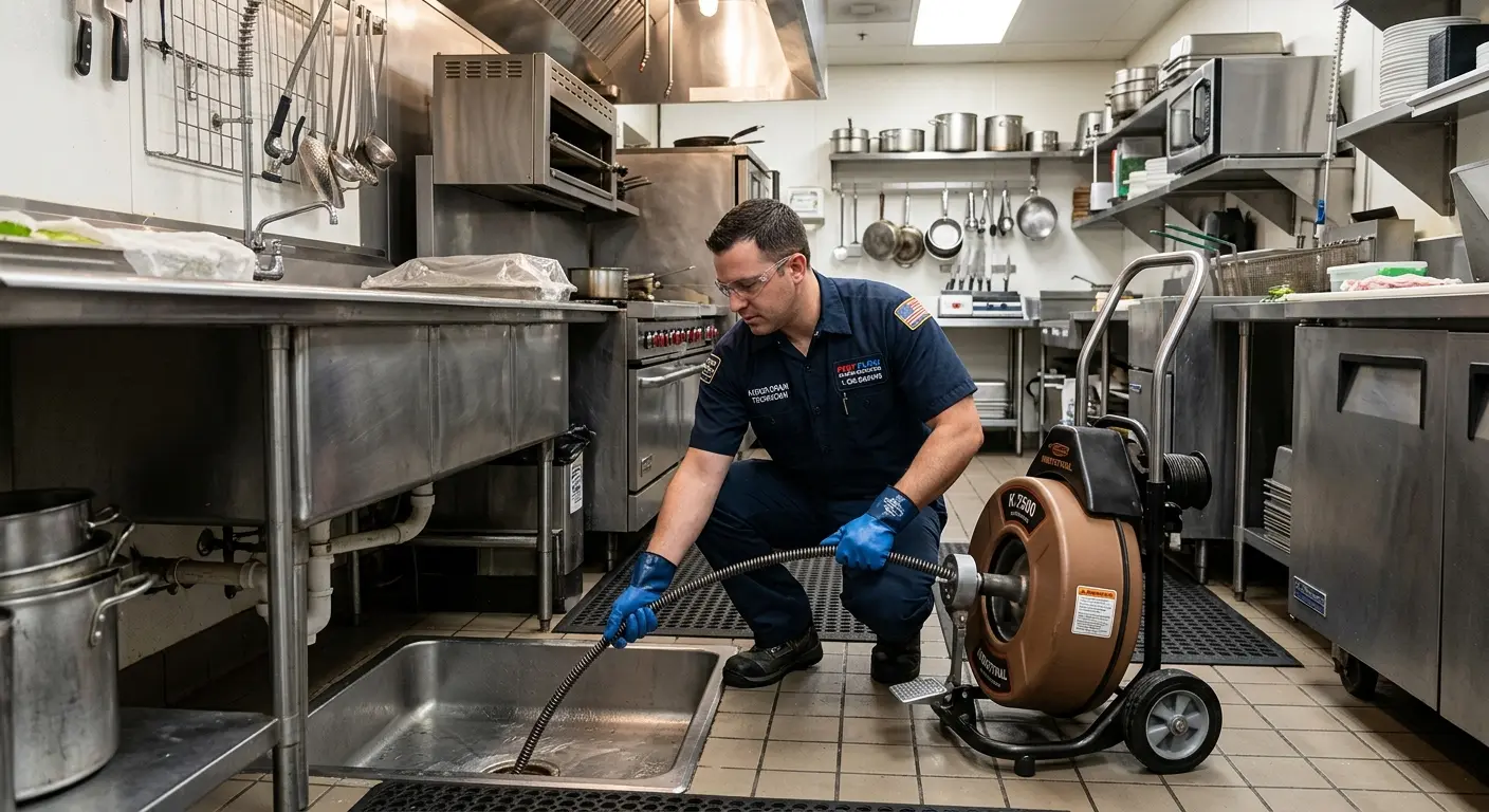 Commercial drain cleaning service in a restaurant kitchen in Shelby