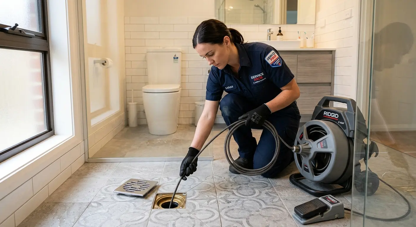 Technician clearing a bathroom floor drain for Sewer Line Installation in Shelby